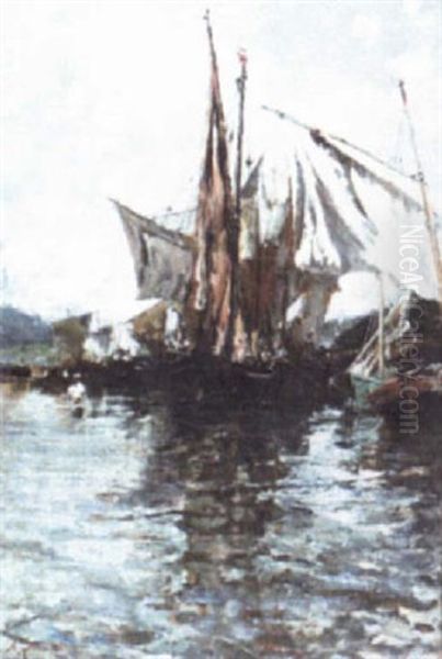 Fishing Boats At Anchor Oil Painting by Francisco Pradilla y Ortiz