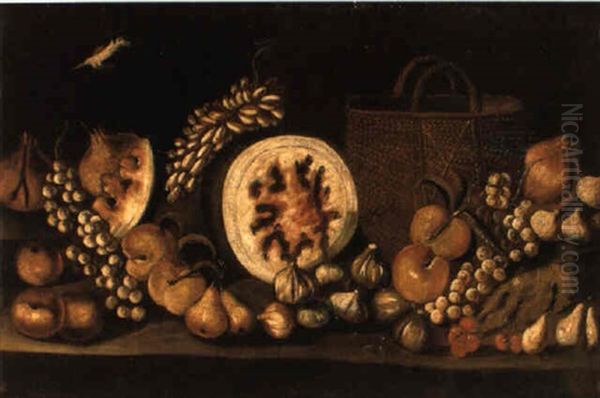 A Bird, Watermelon And Other Fruit Beside  A Straw Basket On A Stone Ledge Oil Painting by Blas de Ledesma Prado