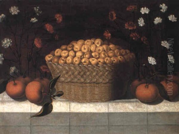 Basket Of Apricots With Oranges On A Cloth-covered Ledge Oil Painting by Blas de Ledesma Prado