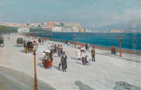 Promenade In Neapel Mit Blick Auf Den Vesuv Oil Painting by Attilio Pratella