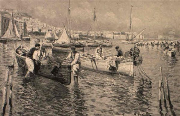 Marina Napoletana Con Barche E Pescatori Oil Painting by Attilio Pratella