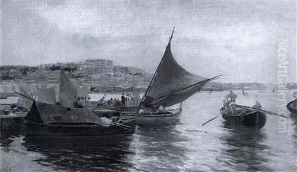 Fishing Boats In The Bay Of Naples Oil Painting by Attilio Pratella