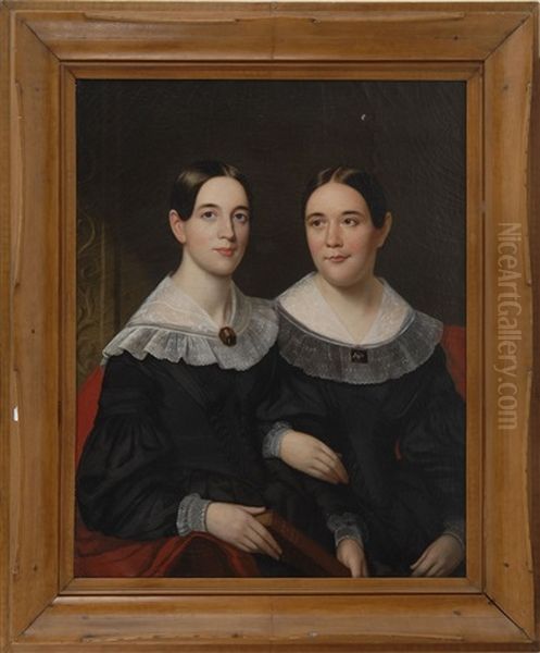 Half-length Portrait Of Two Sisters Wearing Black Dresses With White Collars Oil Painting by Henry Cheever(s) Pratt