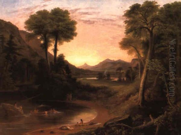 Indians Bathing - A Scene Of New England Oil Painting by Henry Cheever(s) Pratt