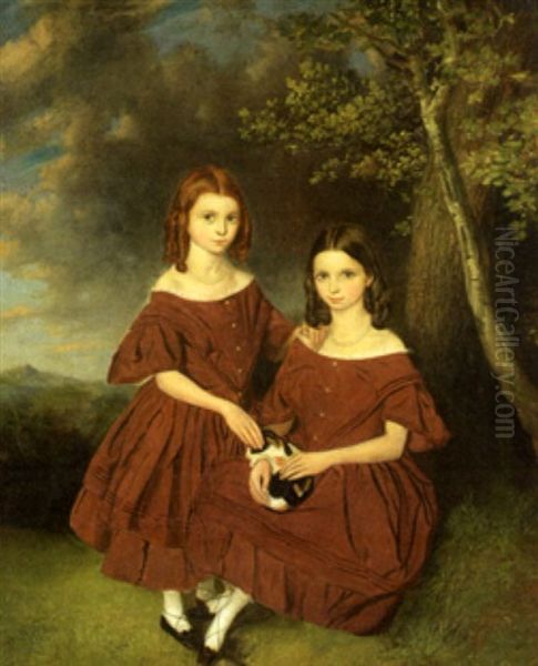 Portrait Of Two Sisters And Their Cat In A Landscape Oil Painting by Henry Lark Pratt