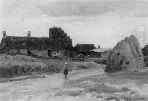 Figure By Cottage Oil Painting by William M. Pratt