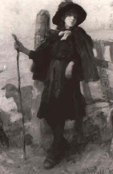 Shepherdess Leaning Against A Country Fence Oil Painting by William M. Pratt