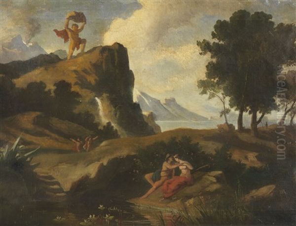 Der Eifersuchtige Zyklop Polyphem Erschlagt Akis, Den Liebhaber Der Nereide Galateia Mit Einem Felsbrocken Oil Painting by Friedrich, the younger Preller
