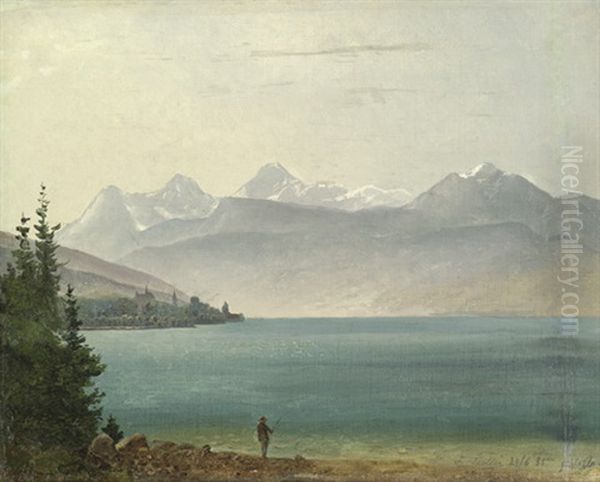 Schweizer Gebirgssee Mit Einem Angler Oil Painting by Friedrich, the younger Preller