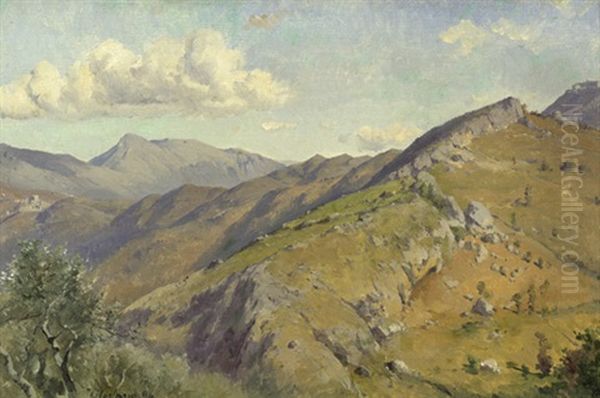 Berglandschaft Zwischen Civitella Und Roiate Mit Blick Auf Den Monte Serrone (study) Oil Painting by Friedrich, the younger Preller
