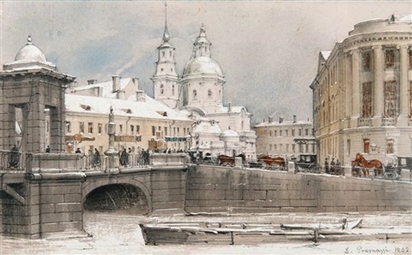 River Fontanka And Lomonosov Bridge Oil Painting by Luigi (Ludwig Osipovich) Premazzi
