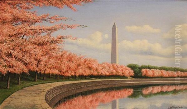 The Tidal Basin With The Monument And Cherry Blossoms Oil Painting by Levi Wells Prentice