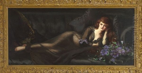 Portrait Of A Lady Wearing A Black Lace Trimmed Nightdress Reclining On A Divan Oil Painting by Charles Prescott