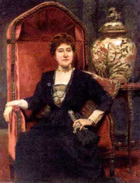 Portrait Of A Lady Wearing A Black Dress With Sequins And Jewellery, An Orientalist Urn On A Table Beyond Oil Painting by Charles Prescott