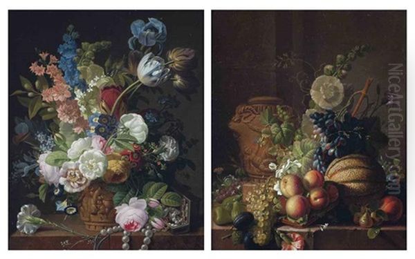 Roses, Tulips, Irises And Other Flowers In A Terracotta Vase On A Ledge With A String Of Pearls And A Jewerly Box (+ Another, 2 Works) Oil Painting by Jean Louis Prevost