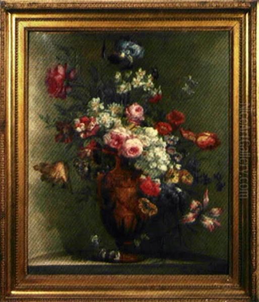 Nature Morte Au Bouquet De Fleurs Pose Sure Un Entablement Oil Painting by Jean Louis Prevost