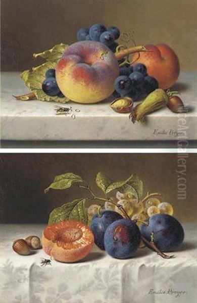 Peaches, Grapes And Plums On A Marble Ledge Oil Painting by Emilie Preyer