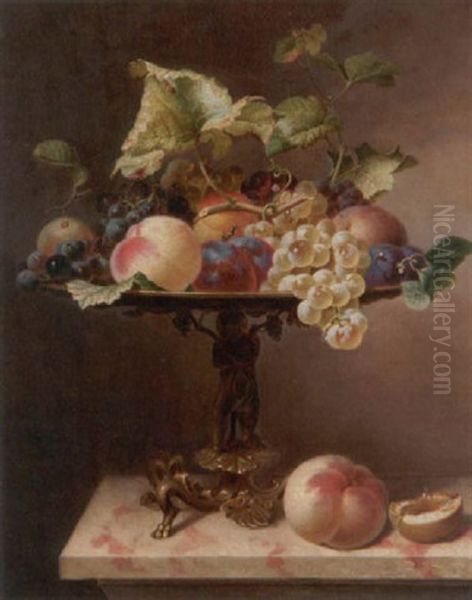 Stilleben Mit Trauben, Weinlaub, Pfirsichen Und Pflaumen Auf Einer Skulptierten Schale Oil Painting by Emilie Preyer