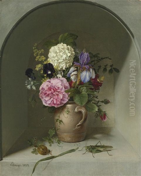 Flowers In A Clay Jug On A Niche With Grasshopper Oil Painting by Johann Wilhelm Preyer