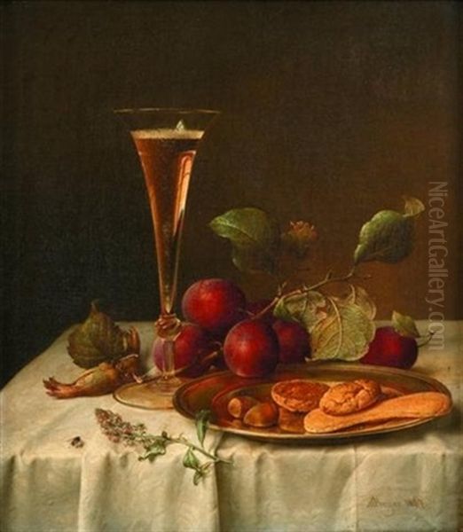 Still Life With Champagne Flute And Wild Plums Oil Painting by Johann Wilhelm Preyer