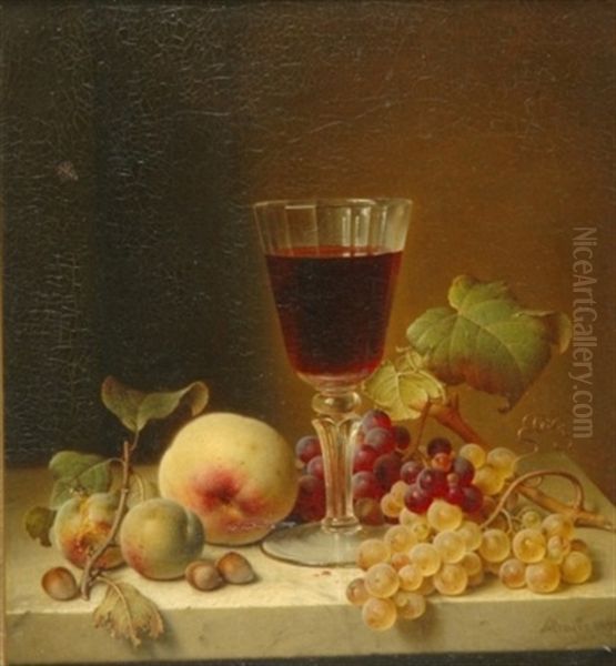 Grapes, Oysters, Lemon, Almonds And A Flute Of Champagne On A Draped Ledge (+ Grapes, Hazelnuts, Lady Apples, Peach And A Glass Of Red Wine On A Marble Ledge; 2 Works) Oil Painting by Johann Wilhelm Preyer
