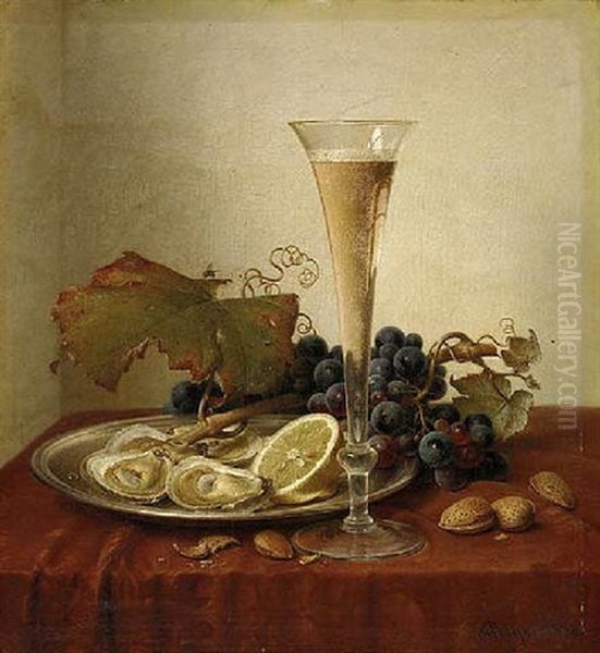 Grapes, Oysters, Hazelnuts And A Champagne Flute On A Draped Ledge Oil Painting by Johann Wilhelm Preyer
