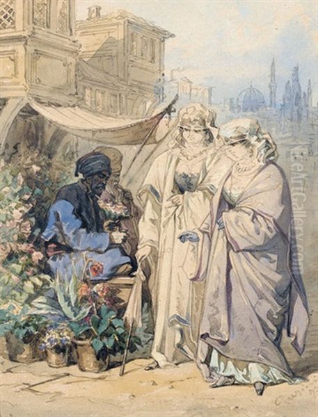 Szene Auf Dem Blumenmarkt In Istanbul Oil Painting by Amadeo Preziosi