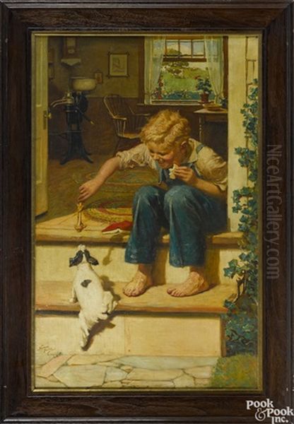 Boy Feeding A Dog A Bone Oil Painting by Norman Mills Price
