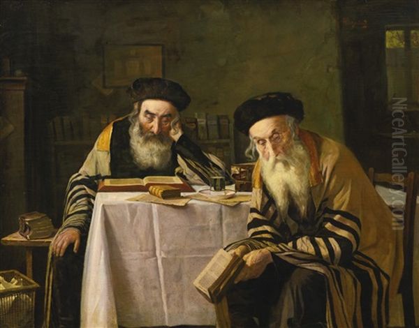 Rabbis At A Table Oil Painting by Alois Heinrich Priechenfried