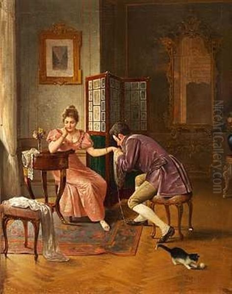 Interior Med En Frierscene. Katten Springer Efter Det Tabte Garnnogle Oil Painting by Alois Heinrich Priechenfried