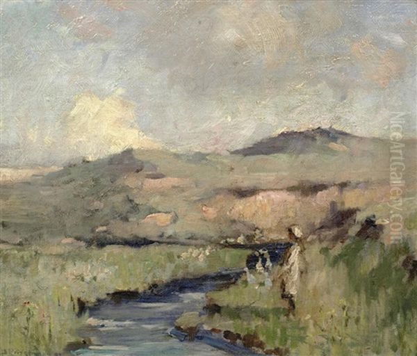 A Girl By The River Oil Painting by Bertram Walter Priestman