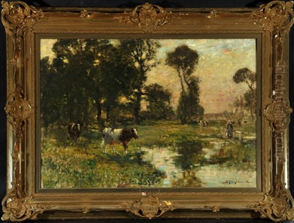 Weidende Kuhe Am Wasser Mit Bauerin Am Steg Oil Painting by Bertram Walter Priestman