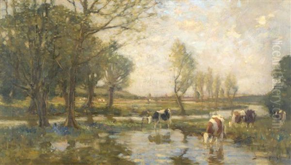 Cattle Watering In A Summer Landscape Oil Painting by Bertram Walter Priestman
