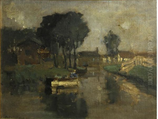 A River View With Houses Oil Painting by Bertram Walter Priestman