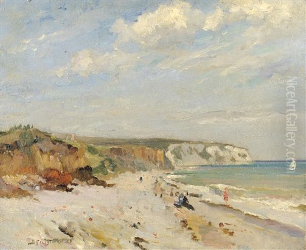 Sunlit Beach Scene At Low Tide Oil Painting by Bertram Walter Priestman