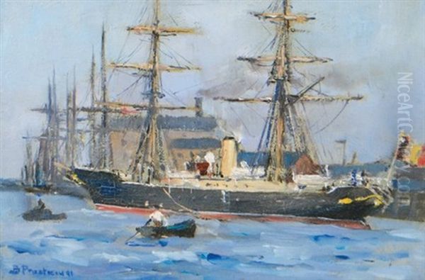 Boats In A Harbour Oil Painting by Bertram Walter Priestman