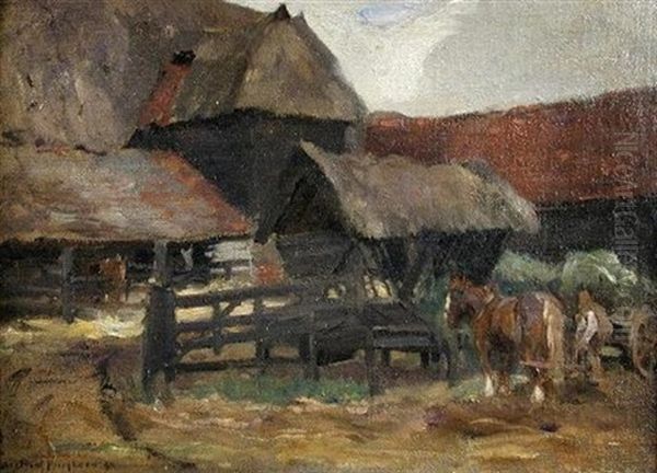 View Of A Farmyard With Heavy Horses Oil Painting by Bertram Walter Priestman