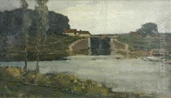 Lock Gates At Camsix At Dusk Oil Painting by Bertram Walter Priestman