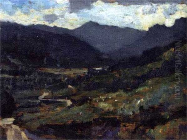 Sunshine And Shadow In The Langdale Valley, As Seen From The Red Bank Oil Painting by Bertram Walter Priestman