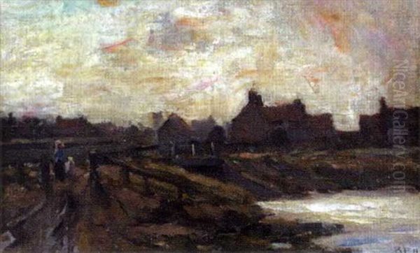 A Village At Dusk Oil Painting by Bertram Walter Priestman
