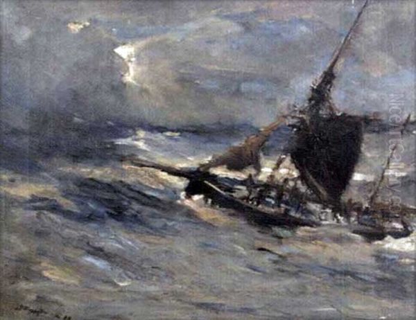 A Sailing Ship In Stormy Seas Oil Painting by Bertram Walter Priestman