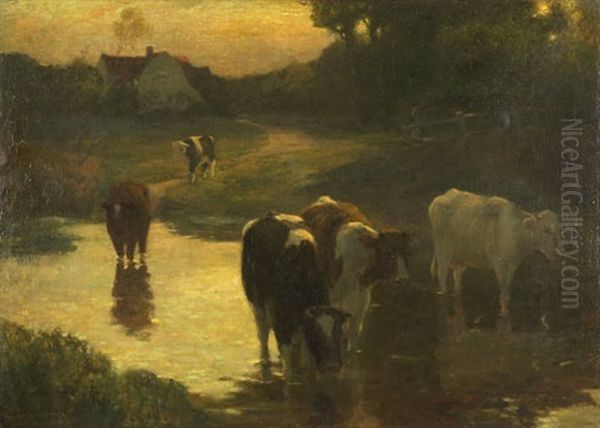 Cattle At The Water's Edge Oil Painting by Bertram Walter Priestman