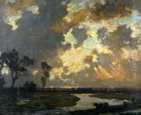 Cattle At A River Estuary At Dusk, With A Windmill In The Distance Oil Painting by Bertram Walter Priestman