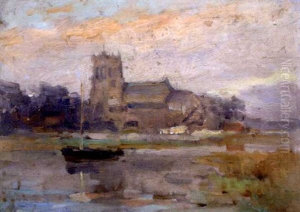 A Suffolk Chruch By A River Oil Painting by Bertram Walter Priestman