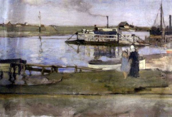 The Walberswick Ferry, With Mr Weston (wessy) Cross, The Ferryman, Taking The Ferry Across Oil Painting by Bertram Walter Priestman