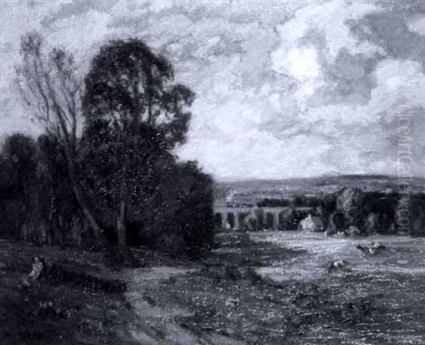 Near Baildon, A Train Crossing A Viaduct Oil Painting by Bertram Walter Priestman