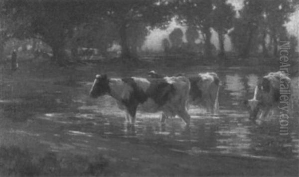 Cattle At The Water's Edge Oil Painting by Bertram Walter Priestman