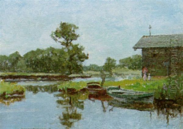 A Favorite Haunt - The Old Boat House On The Rothay Oil Painting by Bertram Walter Priestman
