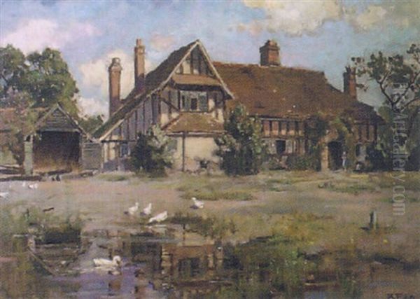 A Suffolk Manor House Oil Painting by Bertram Walter Priestman