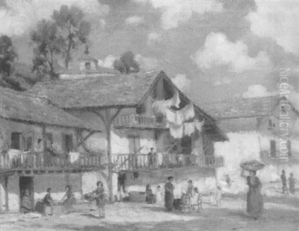 Continental Village Scene Oil Painting by Bertram Walter Priestman
